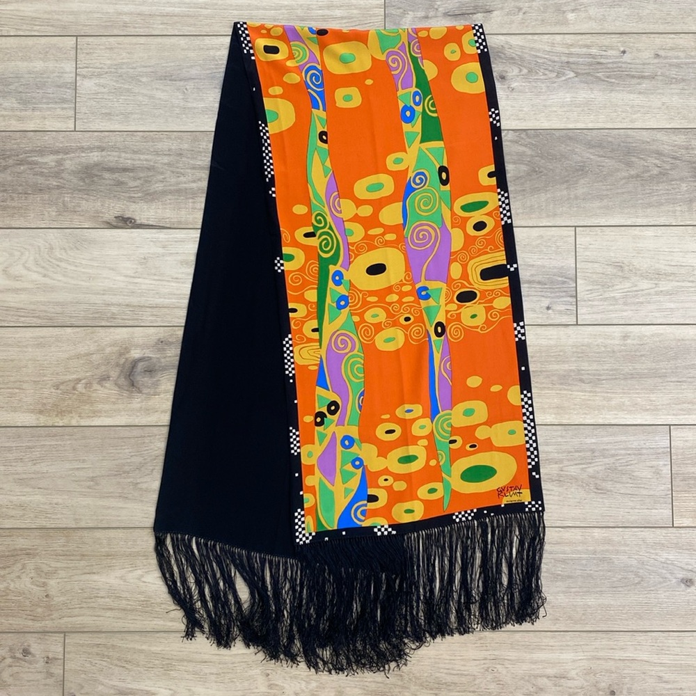 Gustav Klimt Scarf Shawl Fringe Artsy Boho Orange Yellow‎ Black Art